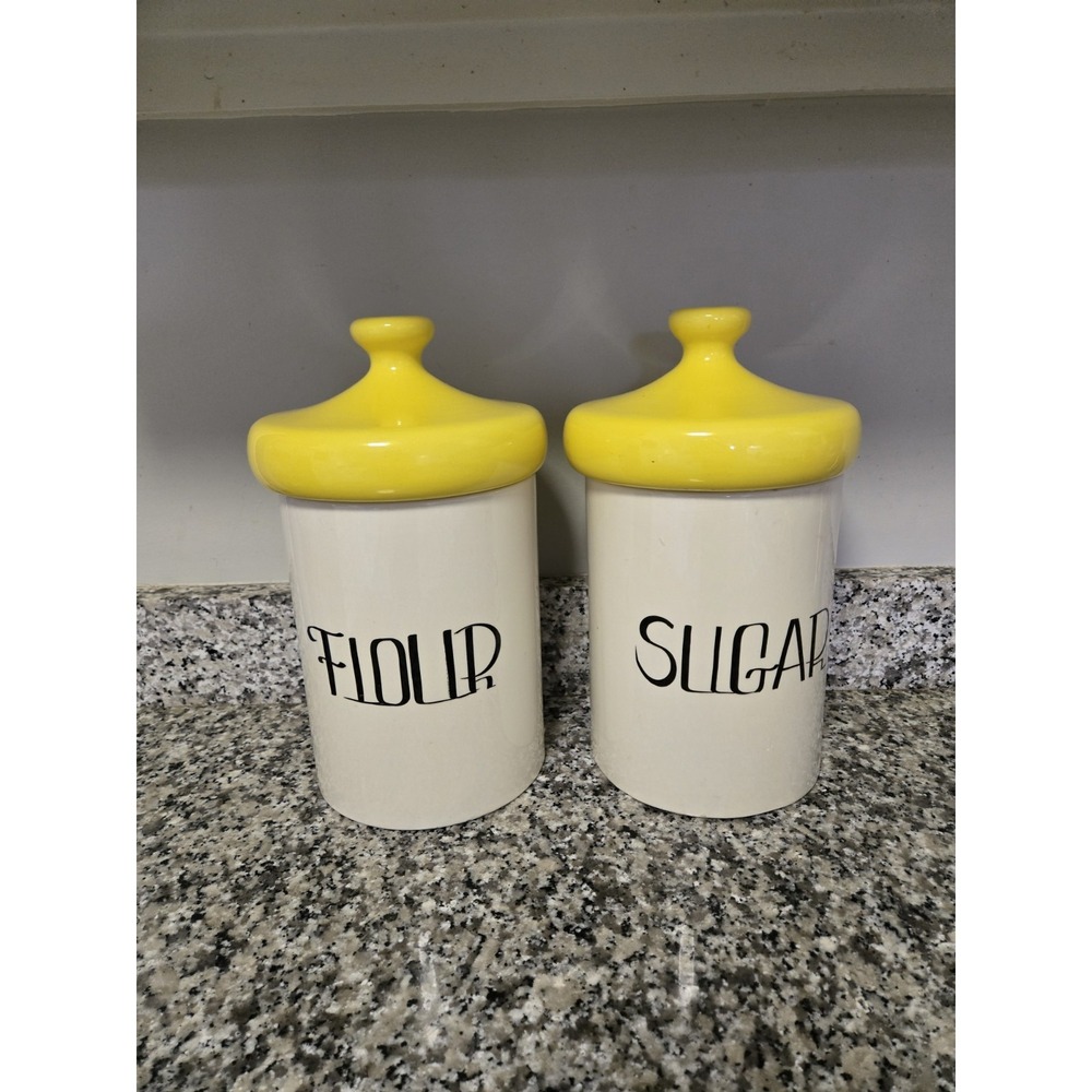 Vintage Holiday Designs USA Canister Set Sugar and Flour Yellow Mushroom Lid